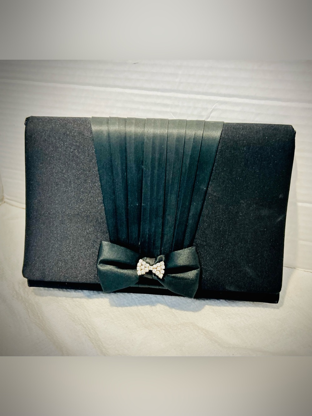 Vintage Black Satin Clutch or Crossbody Evening Bag Rhinestone Bow Prom